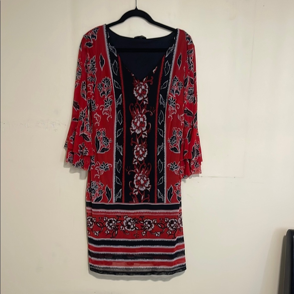 Allison Brittney Red and Blue Sheath Dress with Bell Sleeves